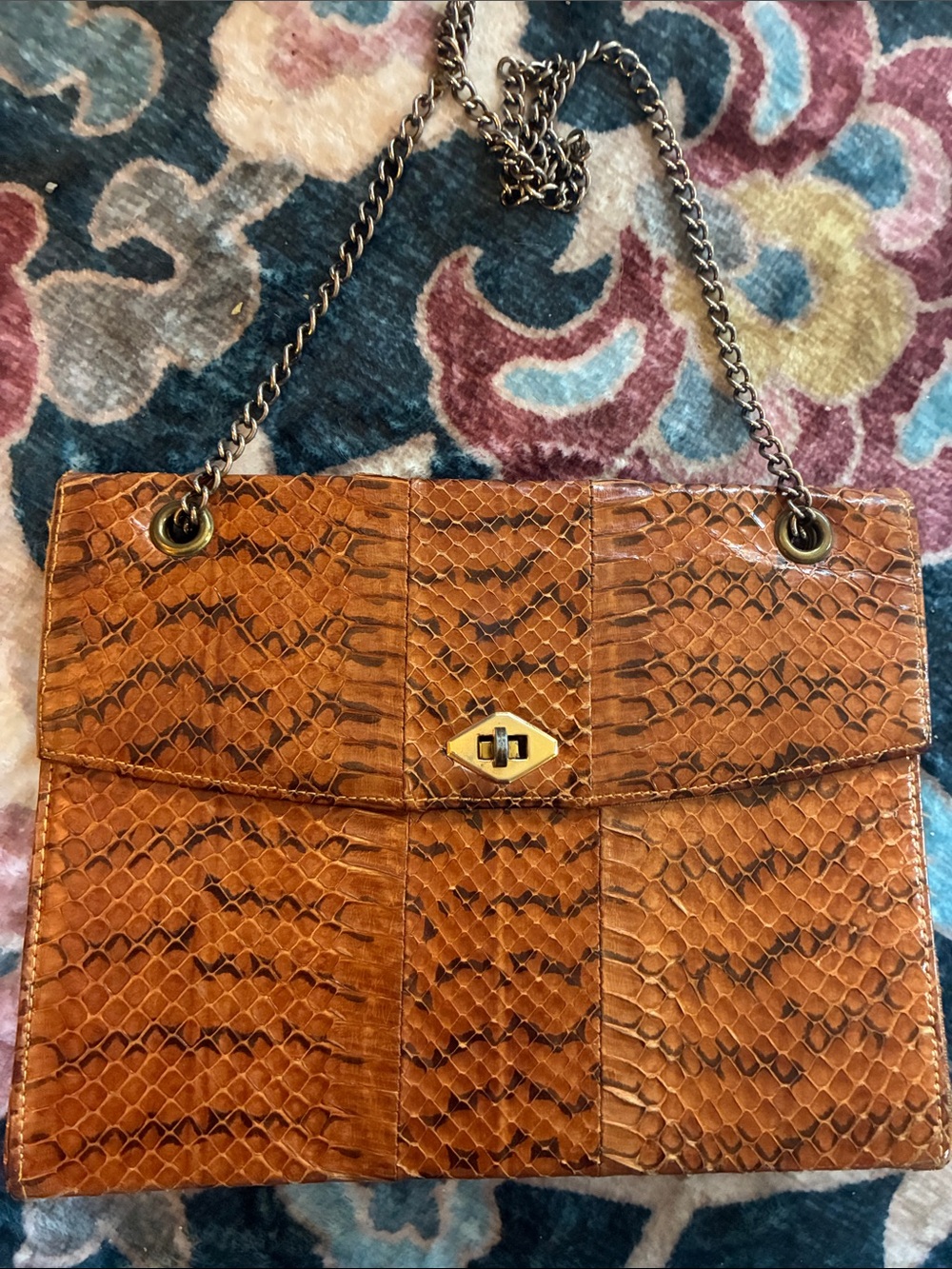 Vintage Snakeskin/Python Brown Small Envelope Bag on Chain
